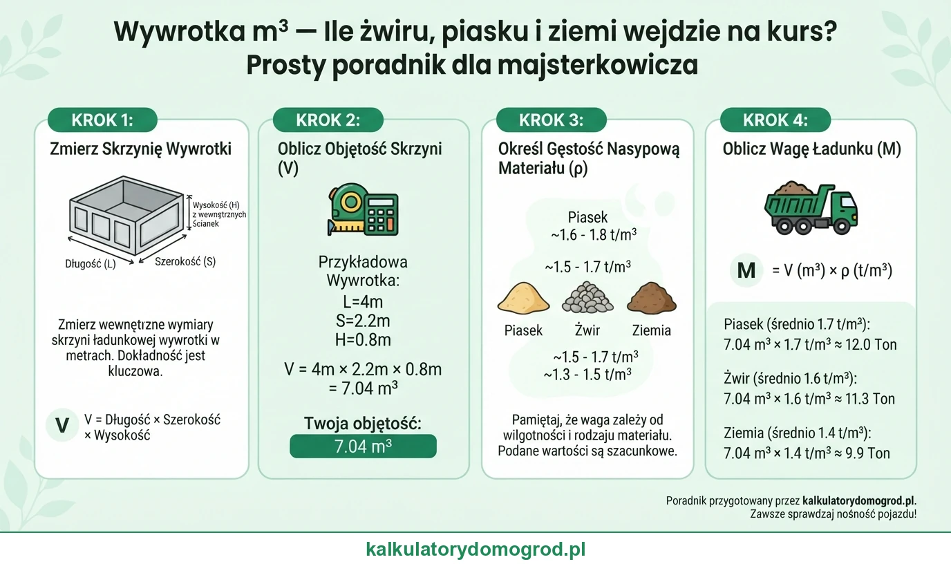 Infografika: Wywrotka m³ — ile żwiru, piasku i ziemi wejdzie na kurs. Instrukcja krok po kroku ze wzorem.