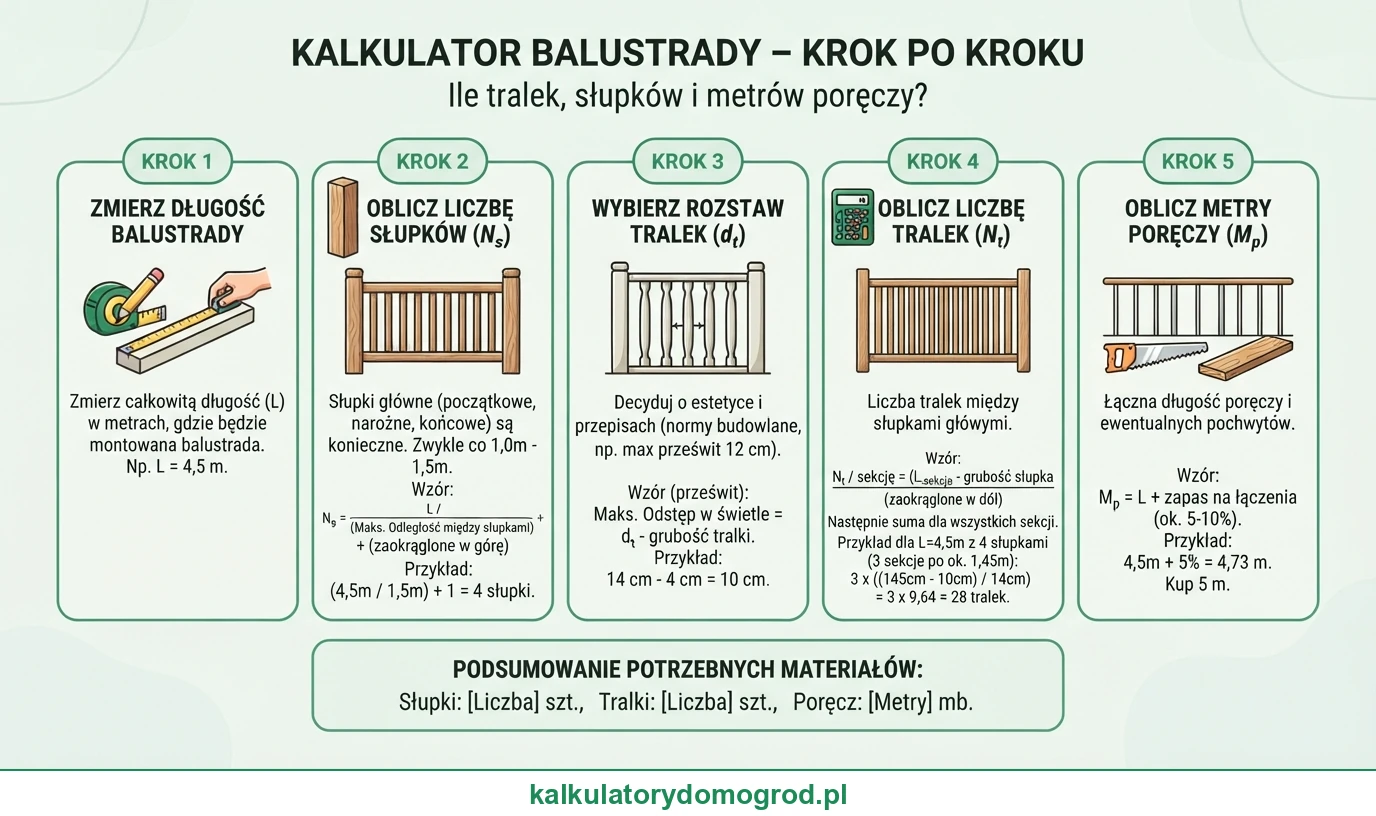 Infografika: Kalkulator balustrady — ile tralek, słupków i metrów poręczy. Instrukcja krok po kroku ze wzorem.