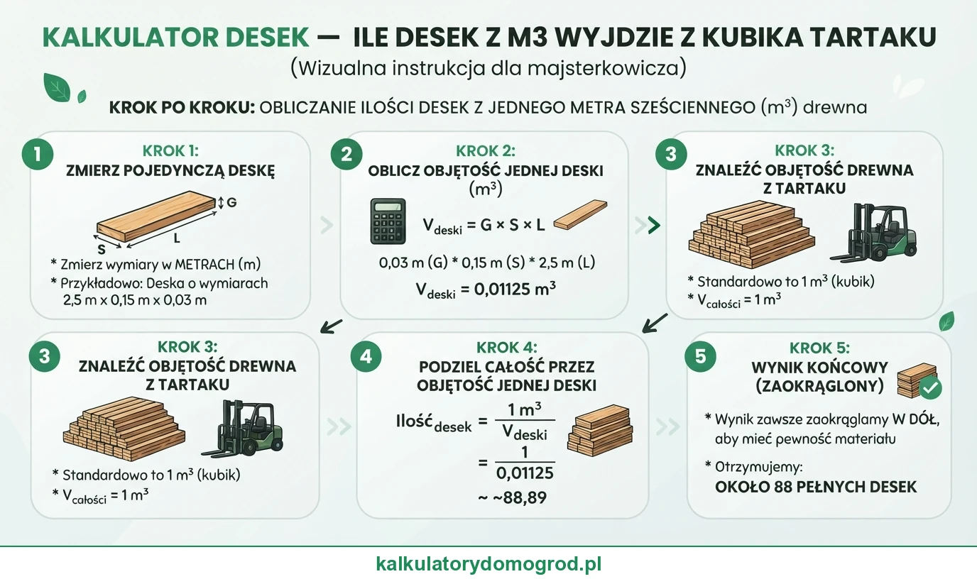 Infografika: Kalkulator desek — ile desek z m3 wyjdzie z kubika tartaku. Instrukcja krok po kroku ze wzorem.