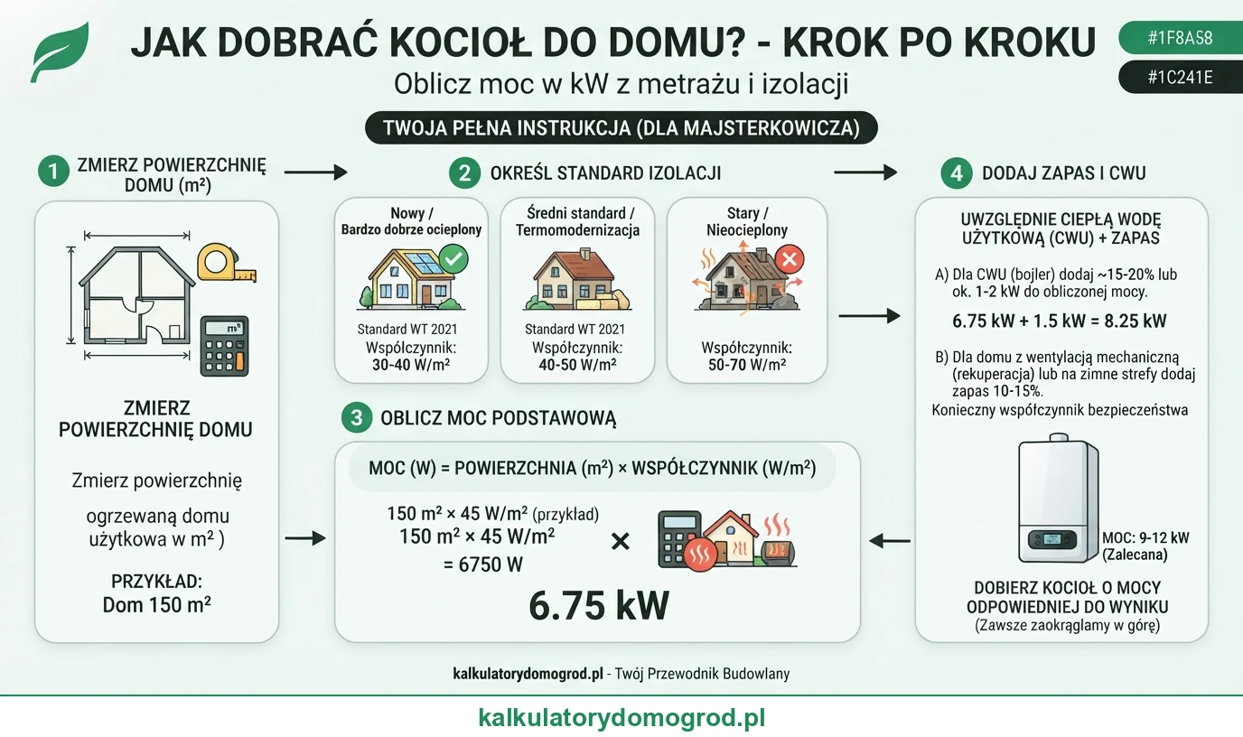 Infografika: Jaki kocioł do domu — dobór mocy w kW z metrażu i izolacji. Instrukcja krok po kroku ze wzorem.