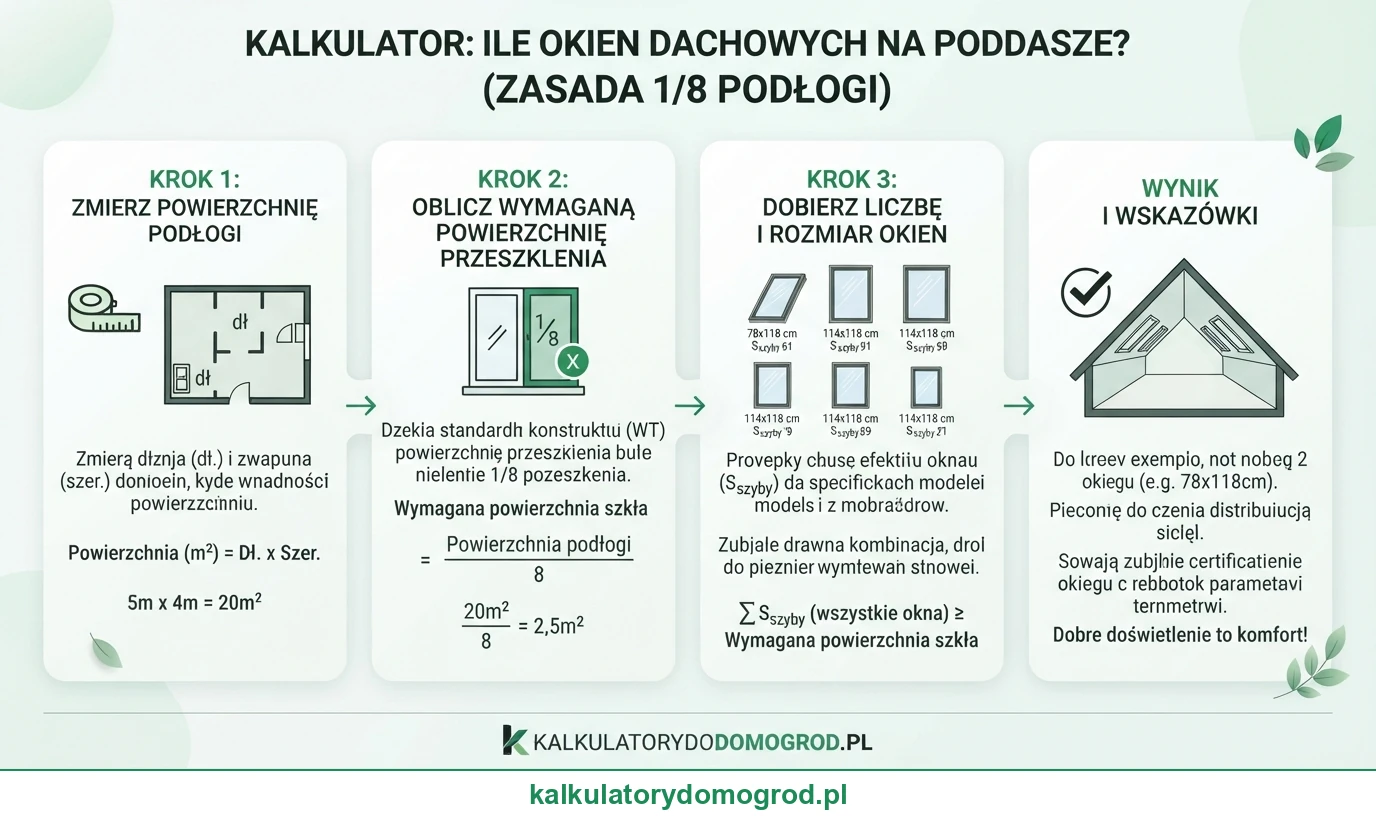Infografika: Ile okien dachowych na poddasze — 1/8 podłogi i skrzydła. Instrukcja krok po kroku ze wzorem.