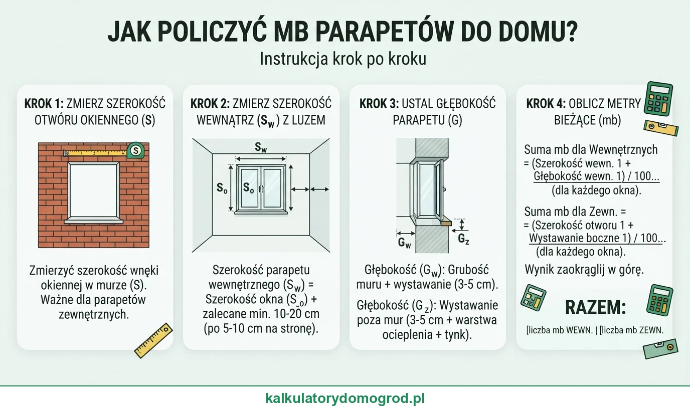 Infografika: Ile mb parapetów na okna domu — wewnętrzne i zewnętrzne. Instrukcja krok po kroku ze wzorem.