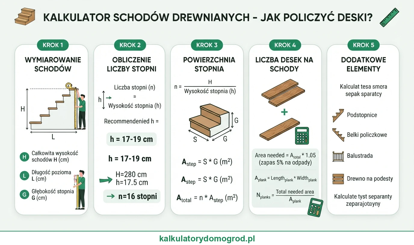 Infografika: Kalkulator schodów drewnianych — ile desek na schody w domu. Instrukcja krok po kroku ze wzorem.