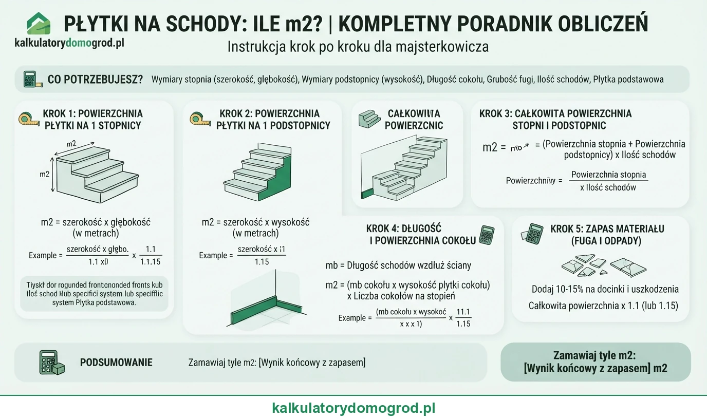 Infografika: Płytki na schody ile m2 — okładzina stopni, podstopnic i cokołu. Instrukcja krok po kroku ze wzorem.
