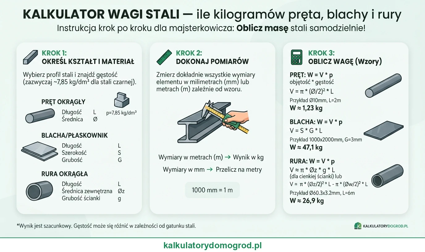 Infografika: Kalkulator wagi stali — ile kilogramów pręta, blachy i rury. Instrukcja krok po kroku ze wzorem.