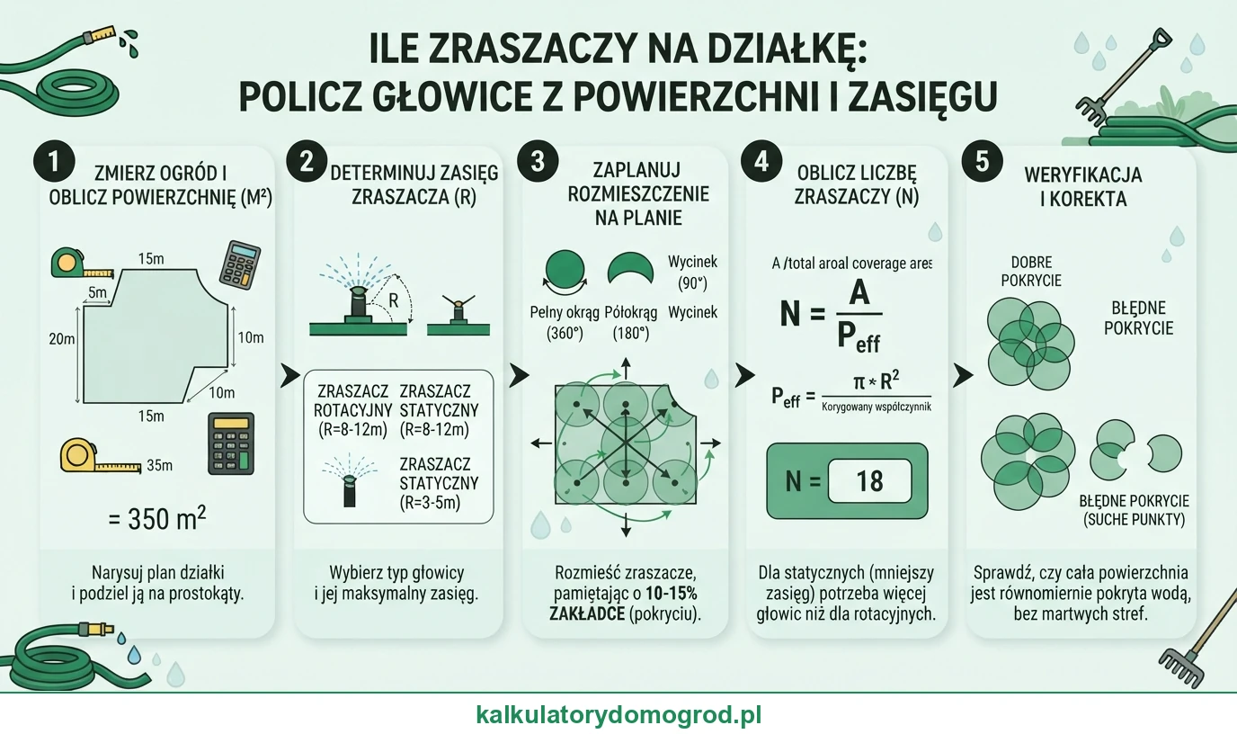 Infografika: Ile zraszaczy na działkę — policz głowice z powierzchni i zasięgu. Instrukcja krok po kroku ze wzorem.