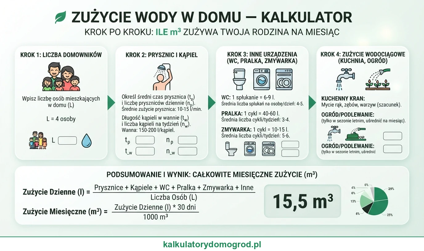 Infografika: Zużycie wody w domu — kalkulator ile m³ zużywa rodzina na miesiąc. Instrukcja krok po kroku ze wzorem.