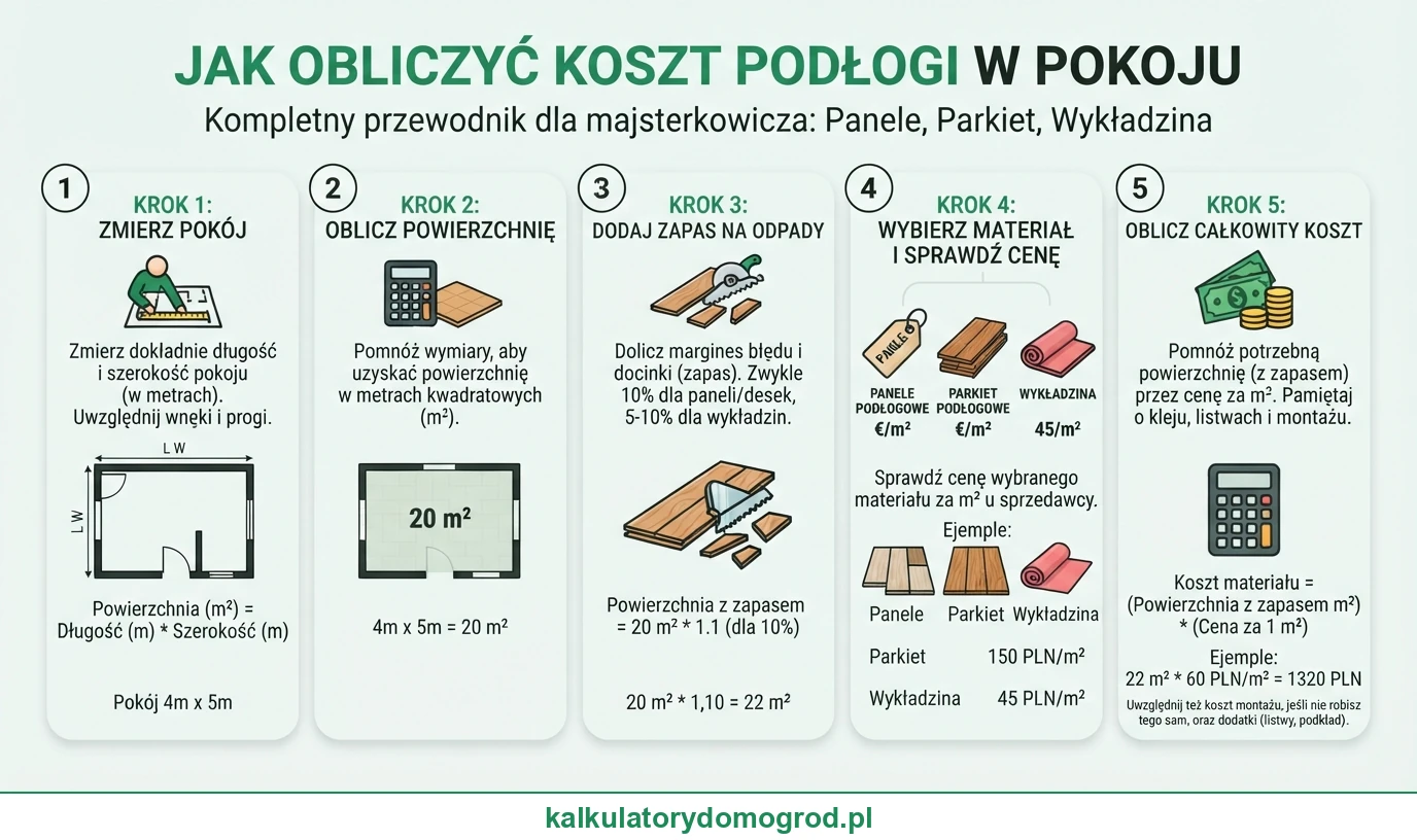 Infografika: Koszt podłogi w pokoju — panele, parkiet albo wykładzina. Instrukcja ze stawkami i pozycjami.